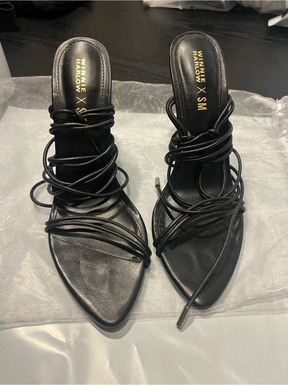 Winnie Harlow Steve Madden leather black badgirl strappy stiletto heels